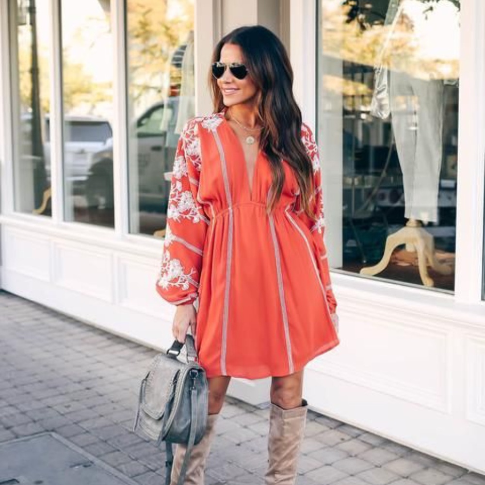 VICI REMEMBER WHEN EMBROIDERED FLORAL DRESS in BRICK